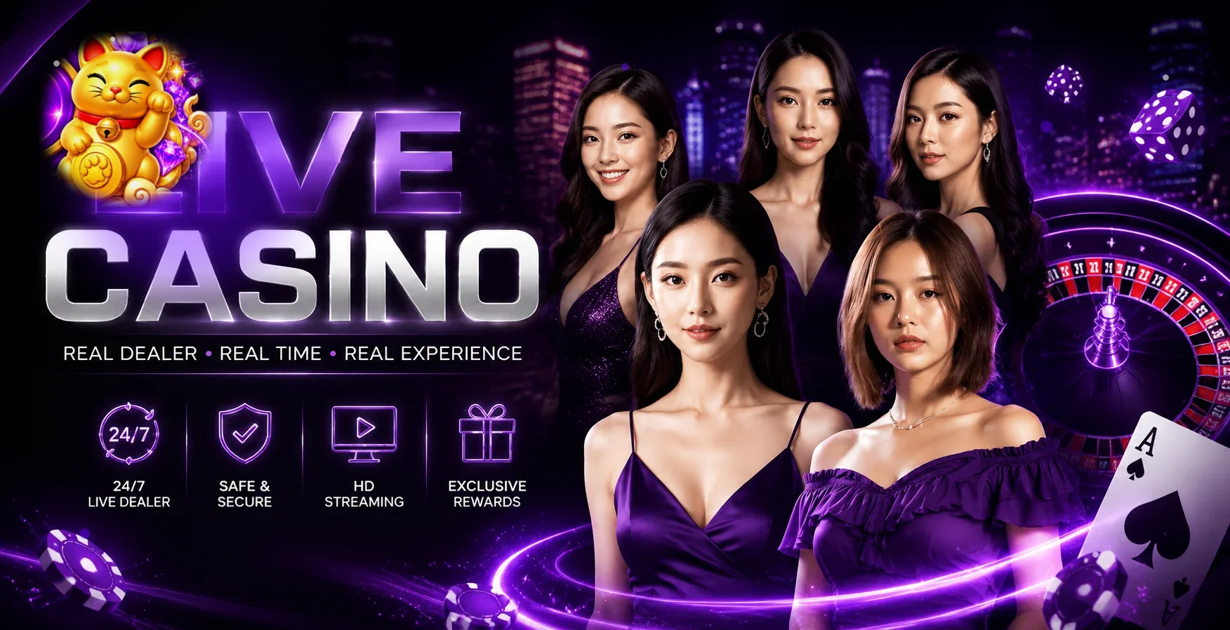 ภาพคาสิโนสดโทนม่วงพร้อมมาสคอตเกมสำหรับ OMG369ACE
